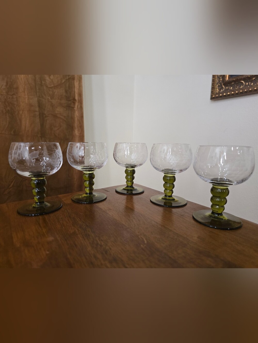 Vintage Set Of 5 Roemer Wine Glasses Green Beehive Stem Etched Grape Vine MCM